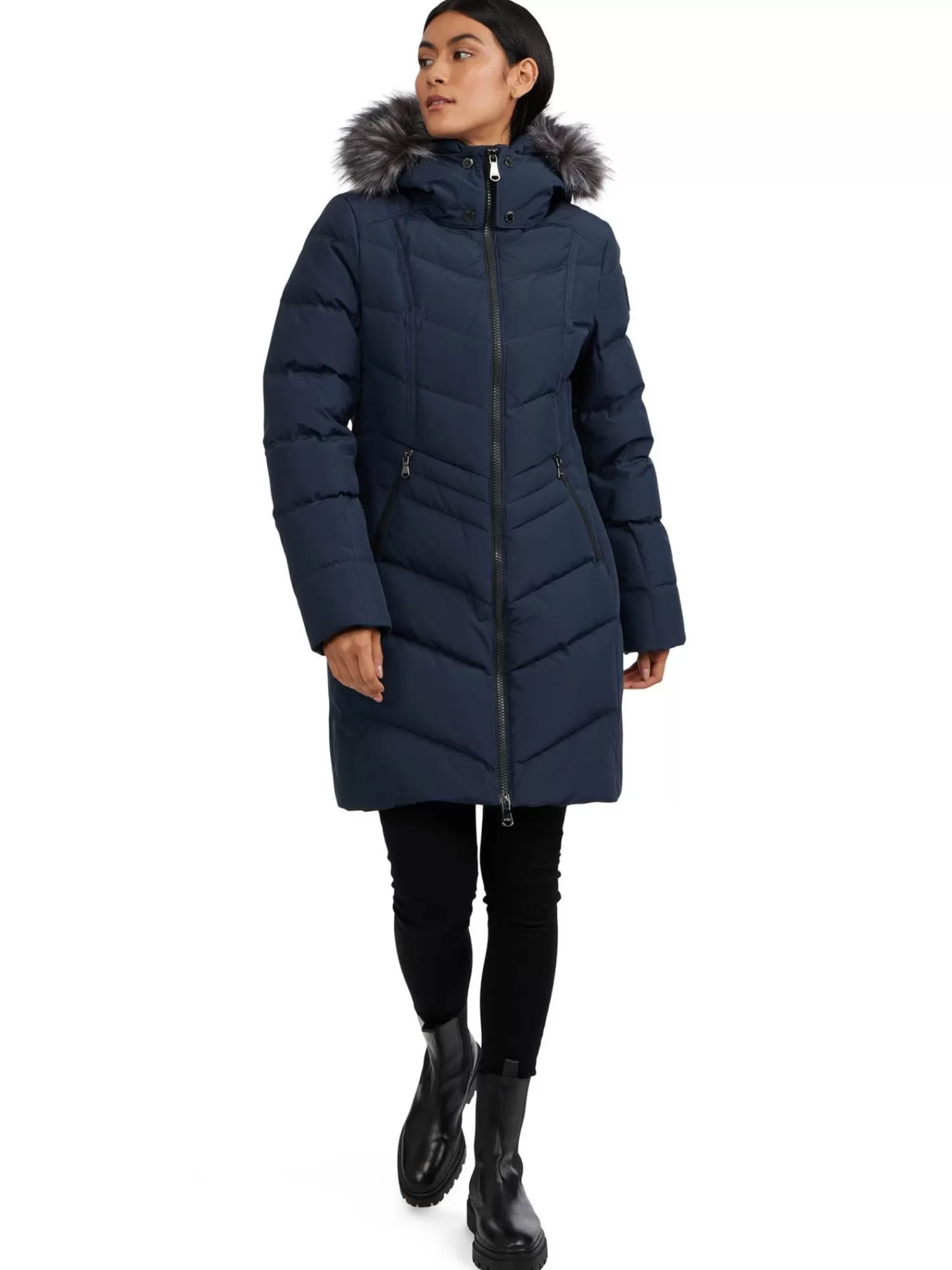 Pajar Matelassés<January Manteau Matelasse Pour Femmes Avec Fausse Fourrure Bleu Marin