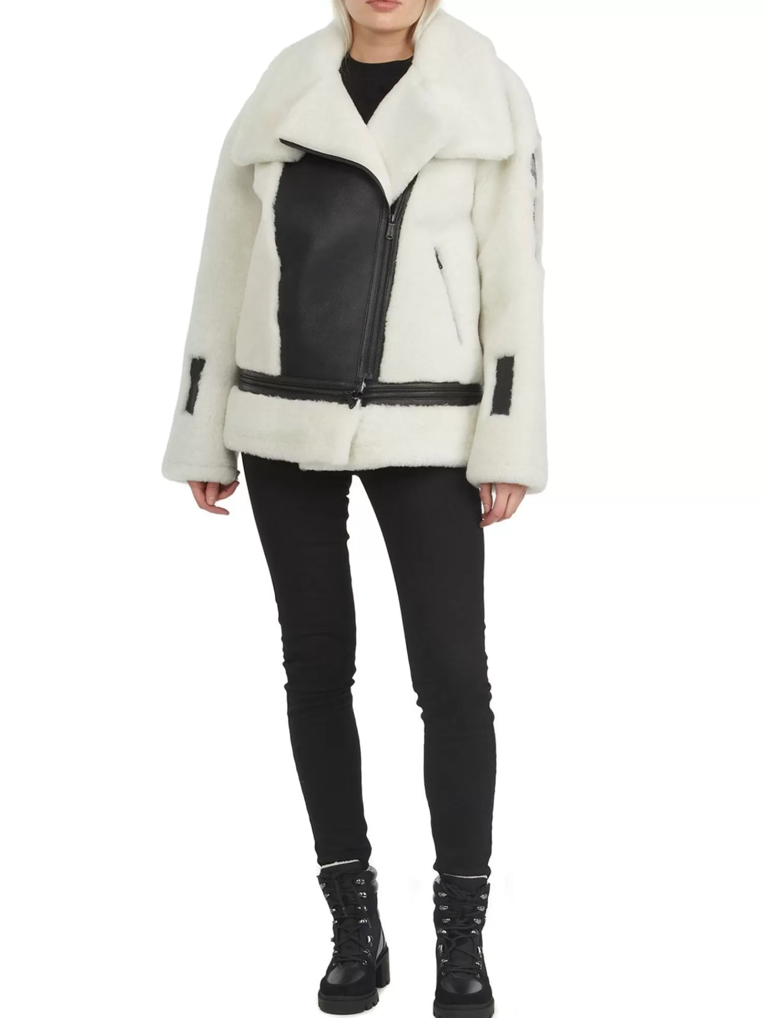 Pajar Bombers<Naomi Veste Perfecto En Peau De Mouton Pour Femmes Blanc/Noir